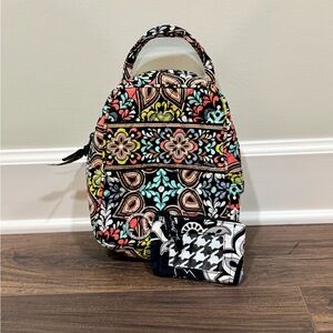 Vera Bradley Lunch Bag + ID Zip Keychain Black Floral Set